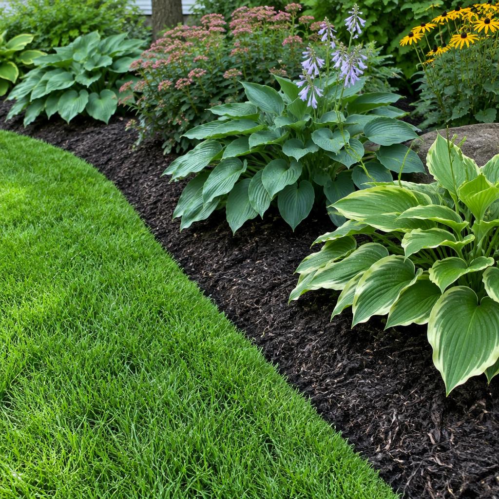 Crisp lawn edge beside a mulched bed of hostas
