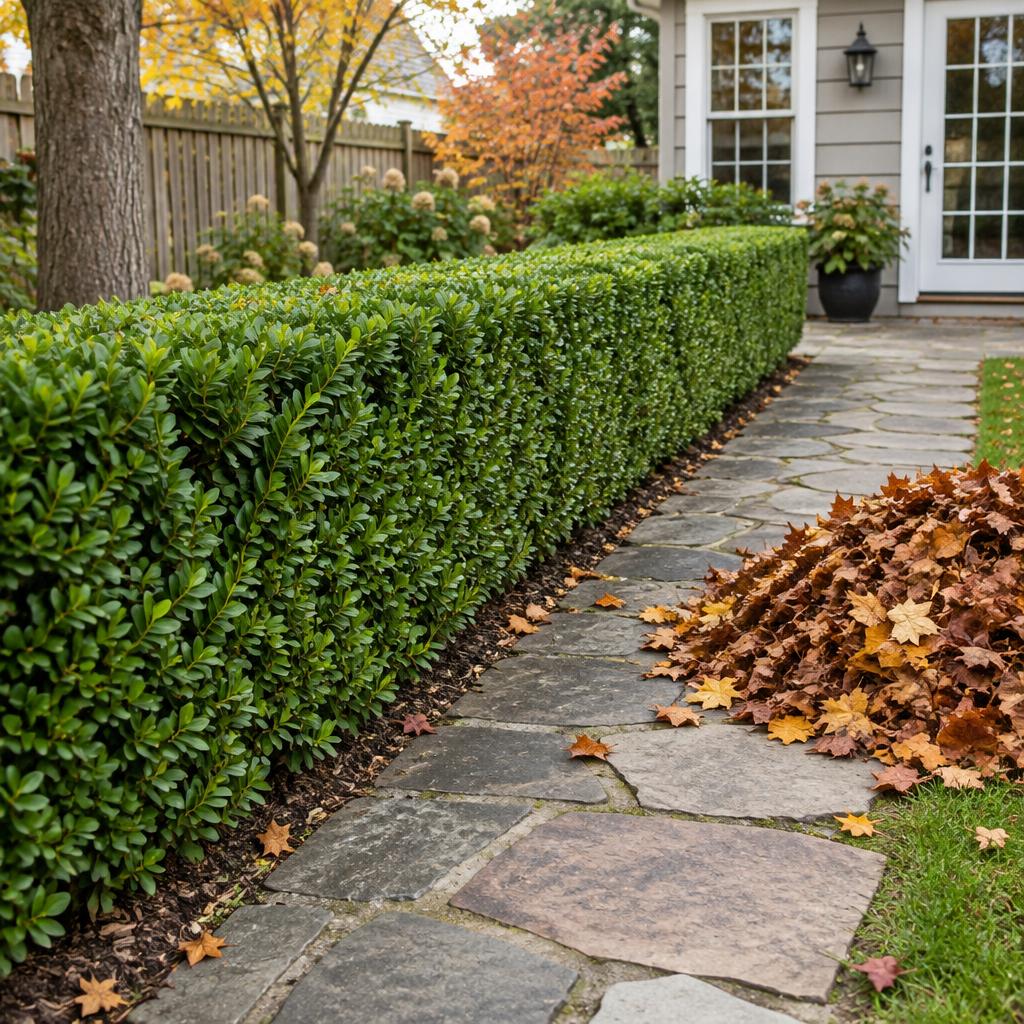 Trimmed hedge along a stone path with raked autumn leaves